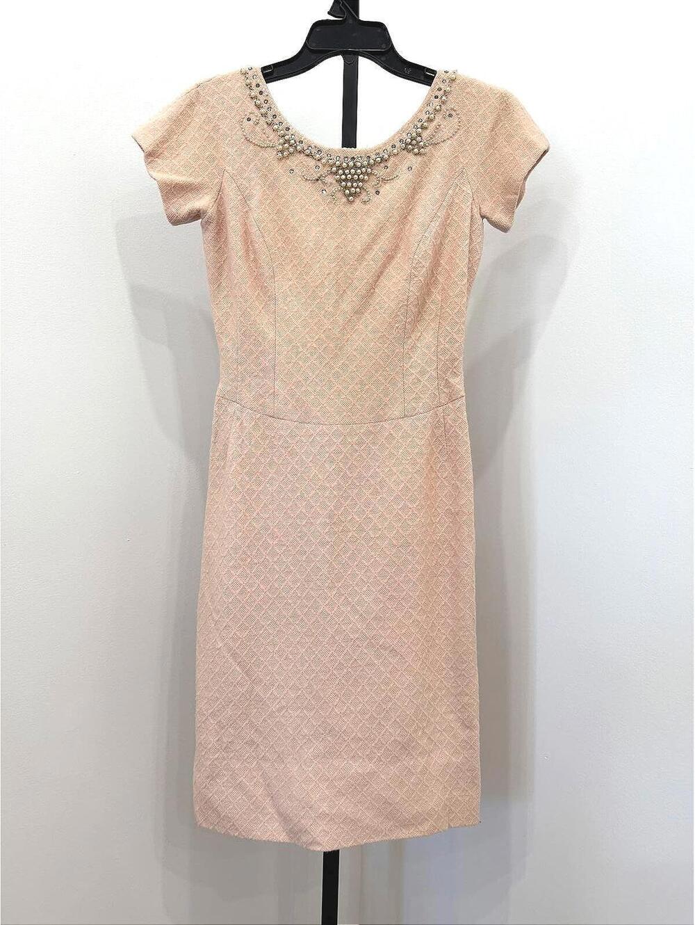 60s Wool Elegant Light Pink Embellished Neckline Dress
